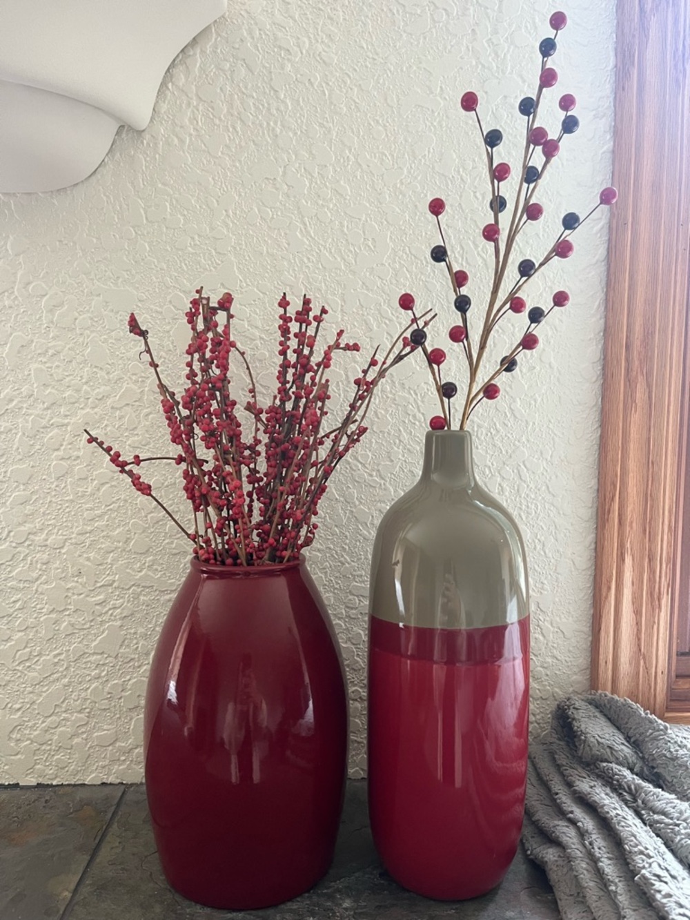 Pier 1 Red and Taupe Ceramic Vase Pair